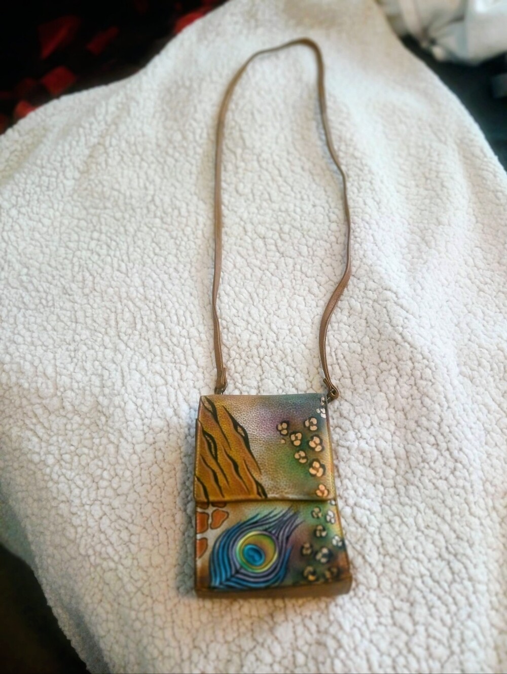 Anuschka Multicolor Peacock Feather & Floral Leather Crossbody Purse Very Good - Picture 2 of 15